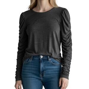 We The Free Slub Knit Top Gray Ruched Sleeve Long Sleeve Size XL